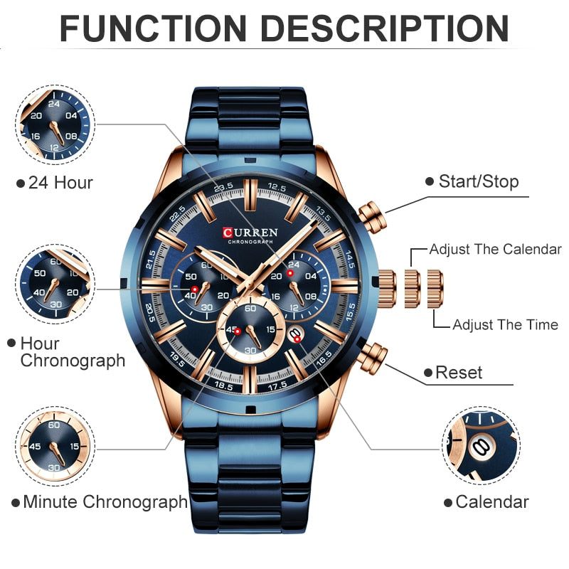 CURREN RELOJ DEPORTIVO DE CUARZO PARA HOMBRES - CRONOGRAFO CON MANECILLAS LUMINOSAS – RELOJ DE ACERO INOXIDABLE – FECHA – VARIEDAD DE COLORES