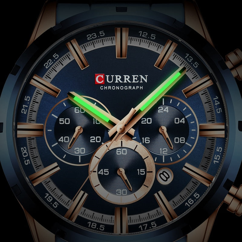 CURREN RELOJ DEPORTIVO DE CUARZO PARA HOMBRES - CRONOGRAFO CON MANECILLAS LUMINOSAS – RELOJ DE ACERO INOXIDABLE – FECHA – VARIEDAD DE COLORES