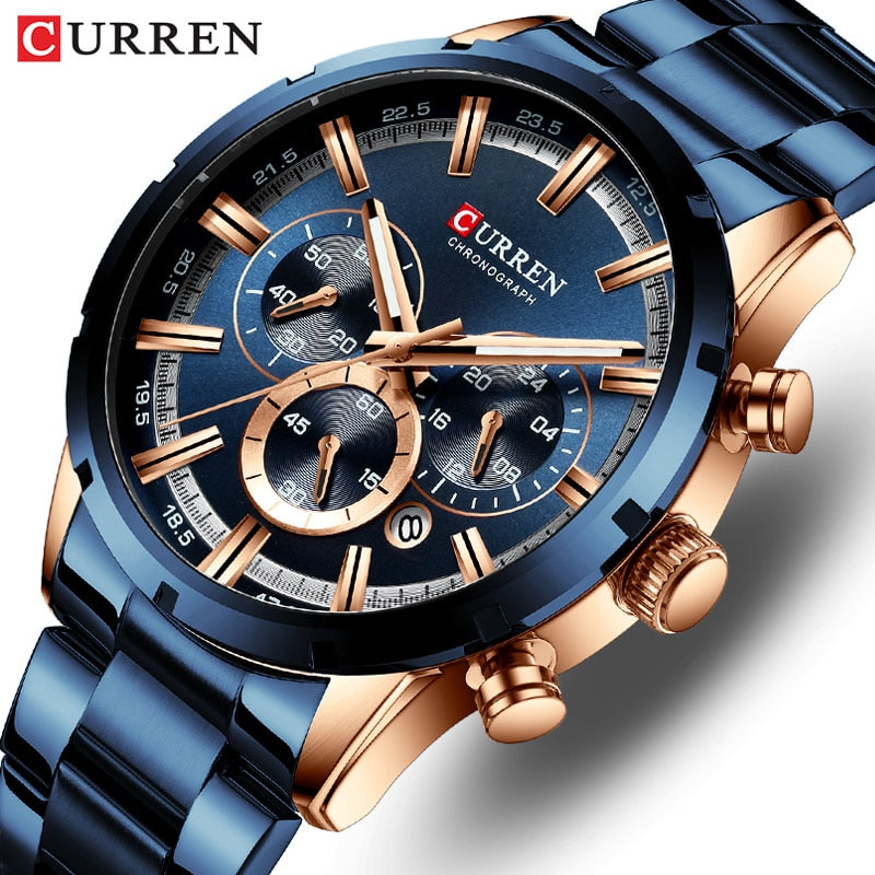 CURREN RELOJ DEPORTIVO DE CUARZO PARA HOMBRES - CRONOGRAFO CON MANECILLAS LUMINOSAS – RELOJ DE ACERO INOXIDABLE – FECHA – VARIEDAD DE COLORES